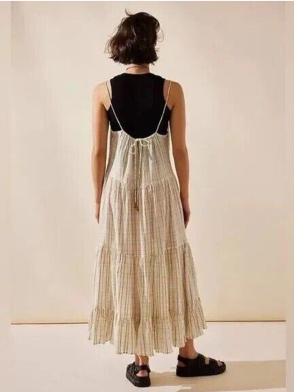 Free People Marigold Maxi Dress L Cream Gold Gauze Tiered Boho Cottagecore - Picture 7 of 16